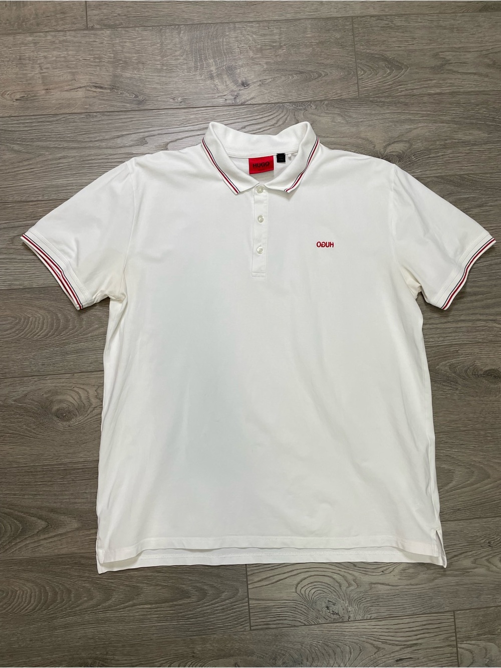 HUGO BOSS White Polo Shirt Red Trim Slim Fit XXL Red Label Embroidered Logo Top